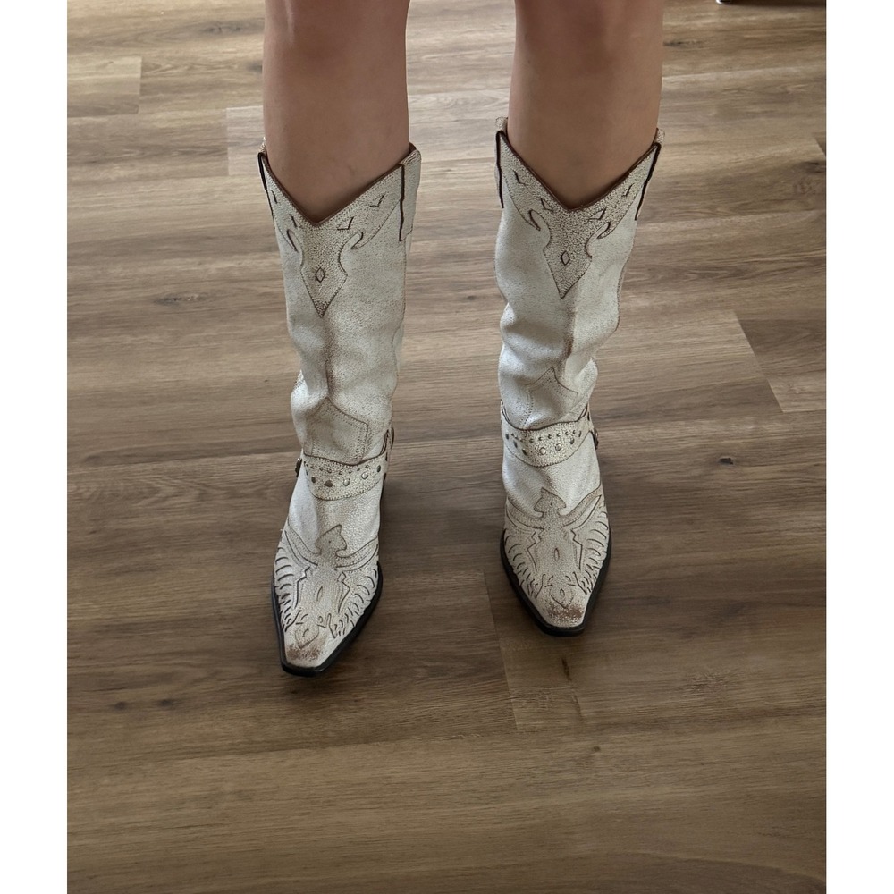 Nine West Padroned 4 White Crackled Leather Western Cowboy Boots Womens 9M